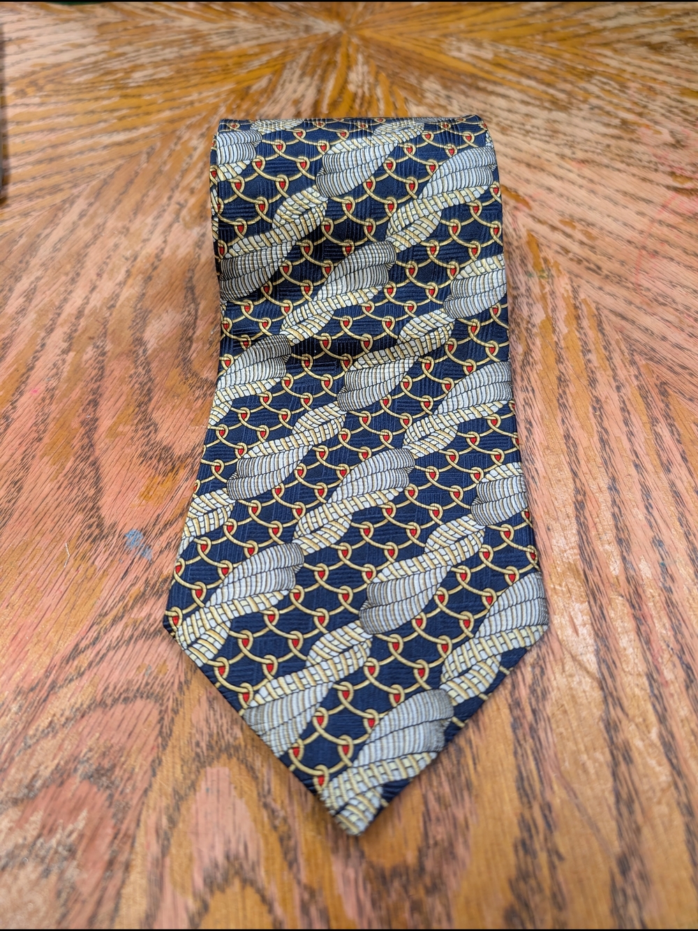 Vintage Evan-Picone Geometric Silk Tie Navy Blue Gold Rope Chain Power Necktie